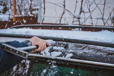 Close-up of person hand on snow covered tree during winter