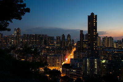 View of city lit up at night