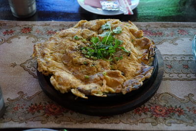 High angle view of pizza in bowl