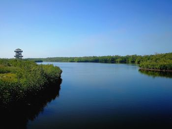 Scenic view of lake against clear blue sky