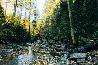 Scenic view of waterfall in forest and a women with a gravel bike. 