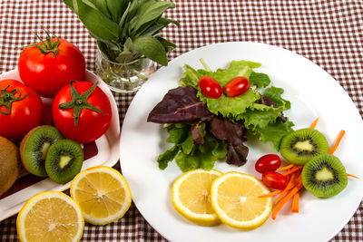 High angle view of salad in plate on table