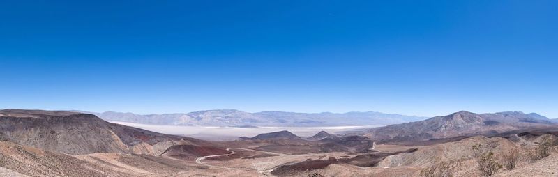 Scenic view of mountains against clear blue sky