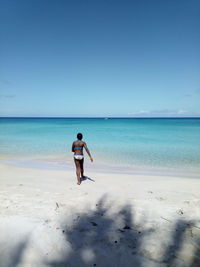 Rear view of man on beach against sky