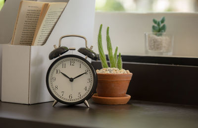 Close-up of alarm clock and potted plant on table