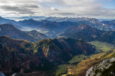 Scenic view of mountains against cloudy sky