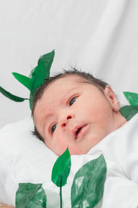 Beautiful newborn baby, lying with his eyes open, disheveled, in bamboo fiber basket and surrounded 