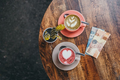 High angle view of coffee on table