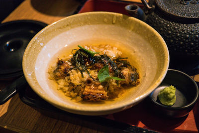 High angle view of soup in bowl