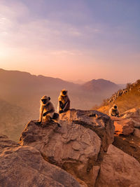 Man sitting on rock at mountain against sky