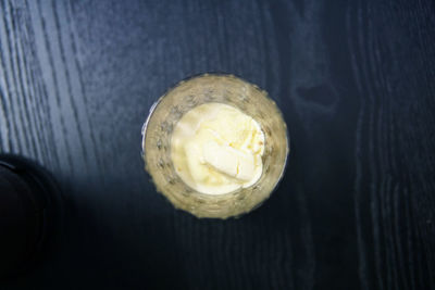 High angle view of ice cream in bowl on table