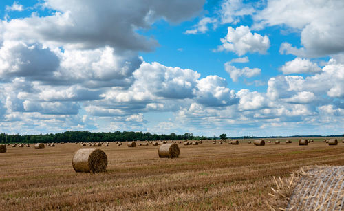 Hay bales on field against sky