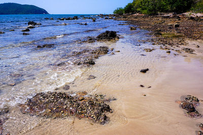 High angle view of rocks on beach against sky