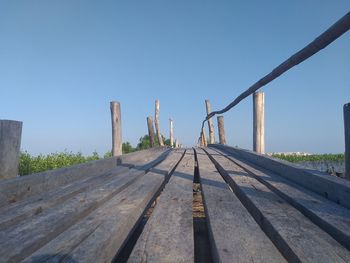 Surface level of wooden walkway against clear blue sky