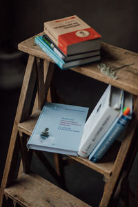 High angle view of books on table