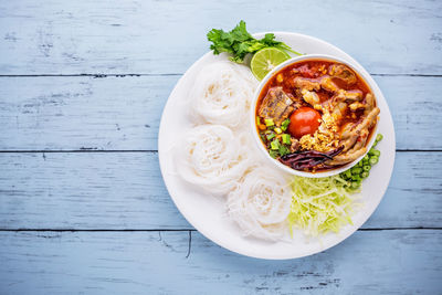 High angle view of meal served on table