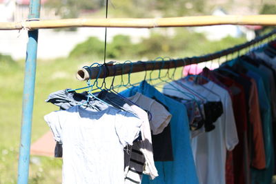 Close-up of clothes drying on clothesline