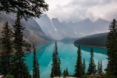 Panoramic view of lake and mountains against sky