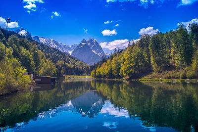 Scenic view of lake by trees against sky