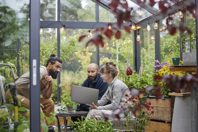 Smiling friends sitting in greenhouse