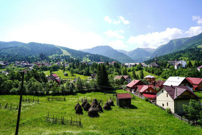 Scenic view of field and houses against sky