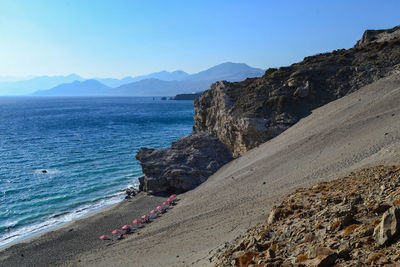 Scenic view of beach against clear blue sky