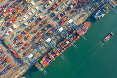 High angle view of commercial dock by sea