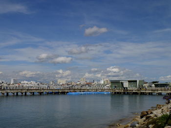 Scenic view of sea and buildings against sky