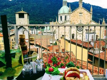 High angle view of food on table in building