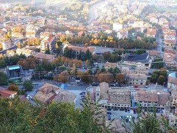 High angle view of houses in town