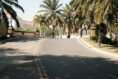 Road by palm trees against sky in city