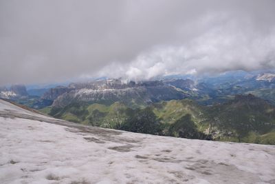 Scenic view of mountains against cloudy sky