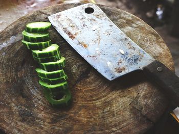 High angle view of chopped bread on cutting board