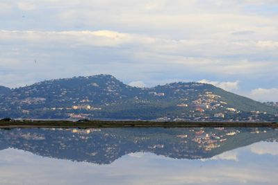 Scenic view of lake by mountains against sky