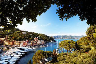 Yachts moored in sea at harbor by village against blue sky