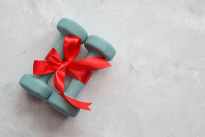 High angle view of red tied on fabric