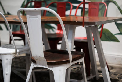 Close-up of empty chairs in cafe