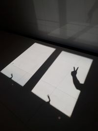 Shadow of person on tiled floor