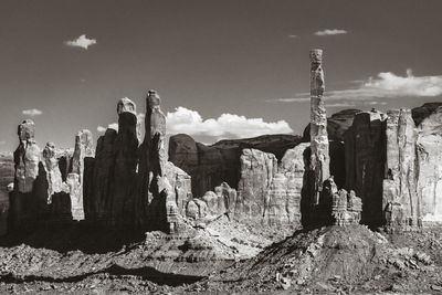 Panoramic view of rock formations on landscape against sky