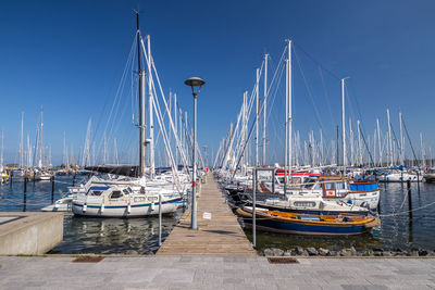 Sailboats moored at harbor