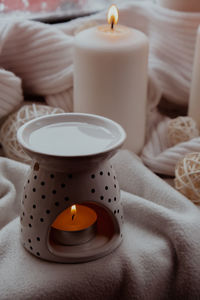 Close-up of illuminated tea light candle