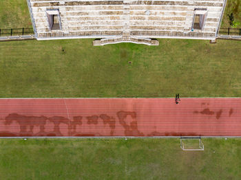 High angle view of soccer field