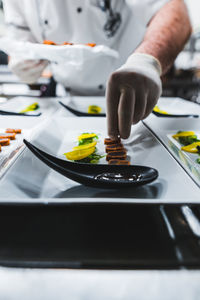 Midsection of chef arranging food in plate