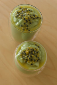 High angle view of dessert in glass on table