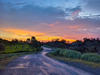 Road by trees against sky during sunset