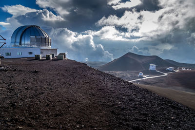 Panoramic view of buildings against cloudy sky