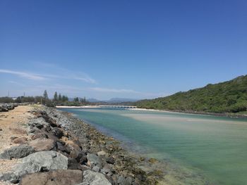 Scenic view of sea against clear blue sky