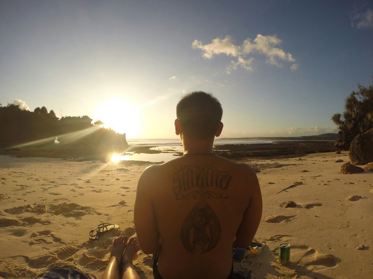 beach, sea, shore, sand, leisure activity, lifestyles, sunset, sun, sky, horizon over water, water, sunlight, tranquility, childhood, standing, nature, rear view, tranquil scene