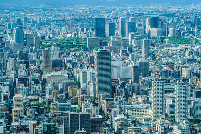 High angle view of modern buildings in city