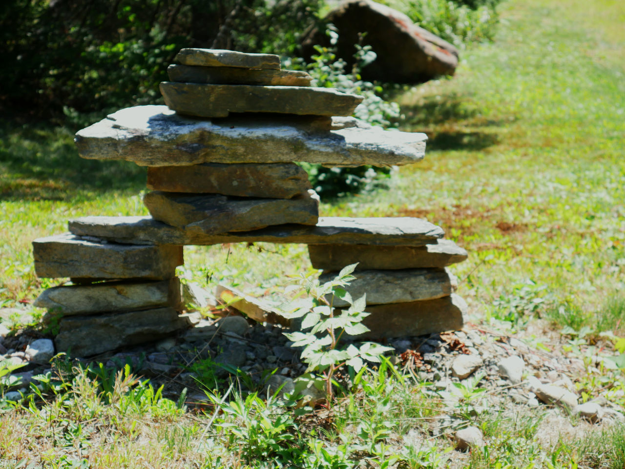 CLOSE-UP OF STONE STACK ON FIELD AGAINST TREES